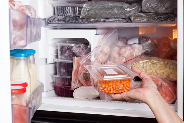 Comida congelada no frigorífico. Legumes nas prateleiras do congelador. Existências de refeição para o inverno . — Fotografia de Stock