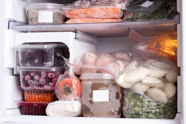 Surtido de verduras y albóndigas congeladas en nevera casera — Foto de Stock