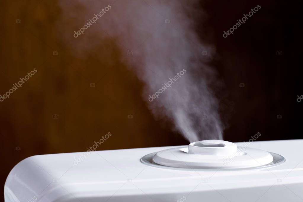 Vapor from humidifier in the bedroom. Ultrasonic humidifier in the house.