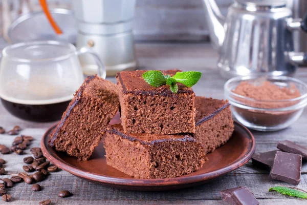 Homemade brownies on plate on wood table. — Stock Photo, Image