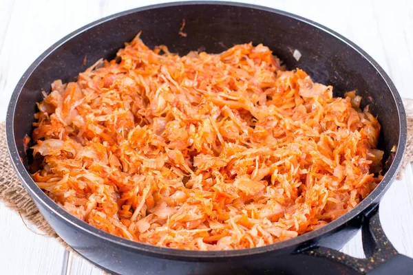 Appetizing fried cabbage in an friying pan — Stok Foto