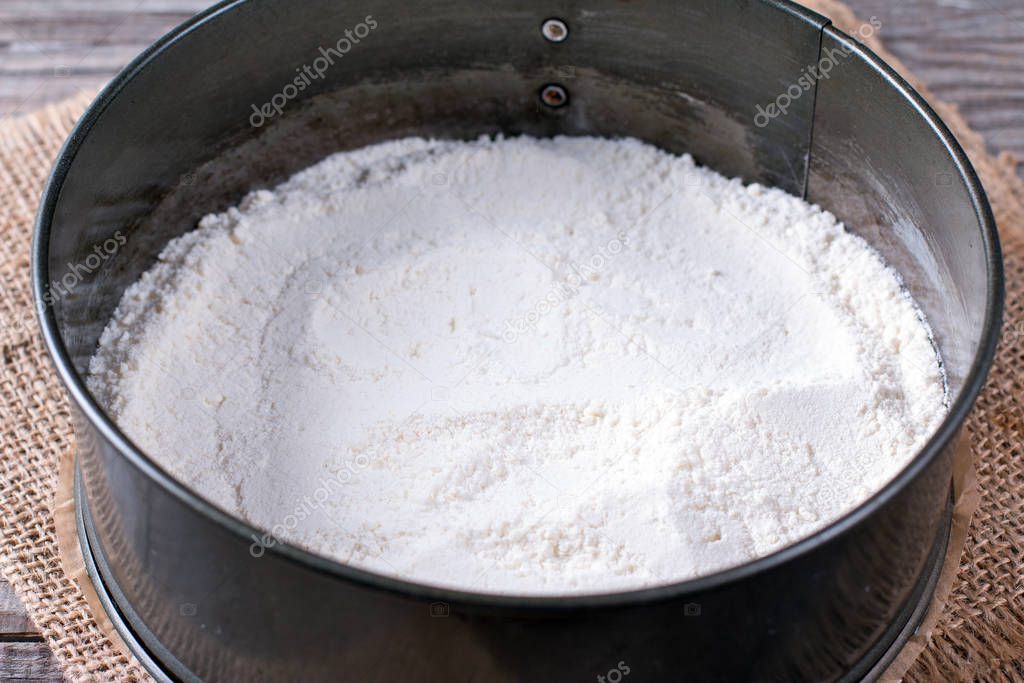 Flour and sugar in a baking dish