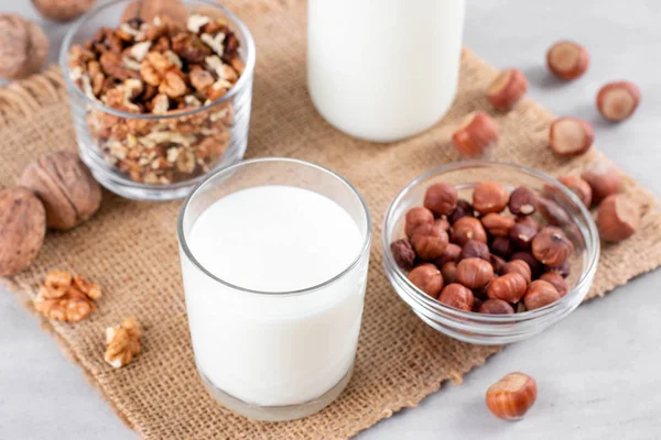 Latte vegano da noci in vaso di vetro con noci — Foto Stock