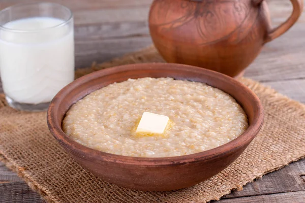 Wheat Porridge Butter Ceramic Plate Horizontal — Stock Photo, Image