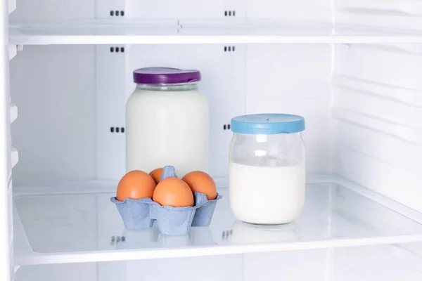 Eggs and milk in the refrigerator,