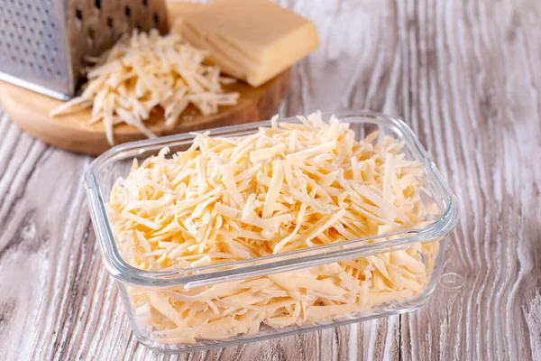 Grated Cheese Glass Container Frozen Cheese — Stock Photo, Image