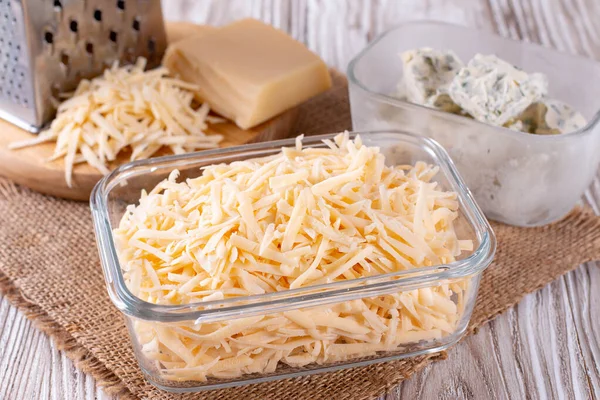 Grated Cheese Glass Container Frozen Cheese — Stock Photo, Image