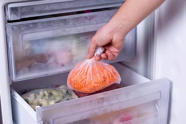 冻胡萝卜冷冻蔬菜装在冰箱里的袋子里 — 图库照片