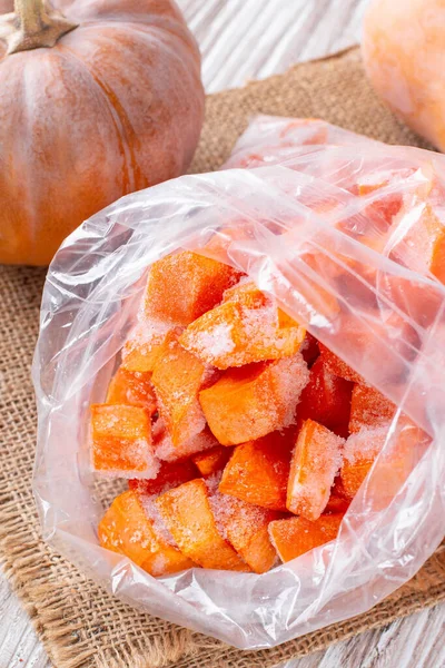 Frozen Pumpkin Plastic Bag Vegetables Containing Carotene — Stock Photo, Image
