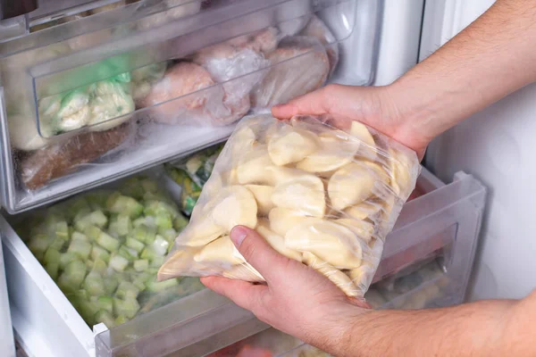 Assortment Frozen Meat Dumplings Home Fridge — Stock Photo, Image