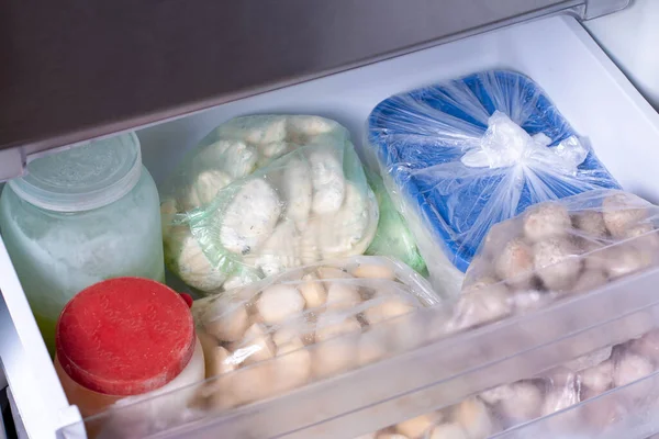 Produtos Diferentes Congelador Refrigerador Refeição Pronta — Fotografia de Stock