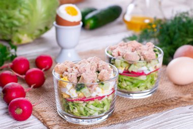 Taze sebze salatası, ton balığı, yumurta, lahana, turp ve salatalık. Sağlıklı gıda, diyet, detoks, temiz yemek ve vejetaryen konsepti