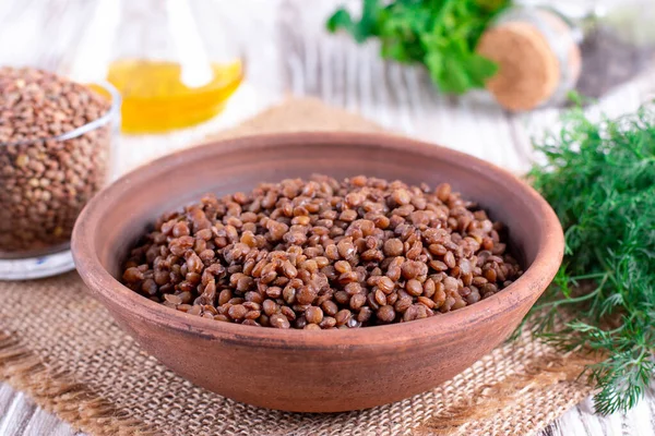 Lentilles Bouillies Sur Une Table Bois Alimentation Végétarienne — Photo