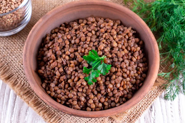 Lenticchie Bollite Vicino Cibo Sano — Foto Stock