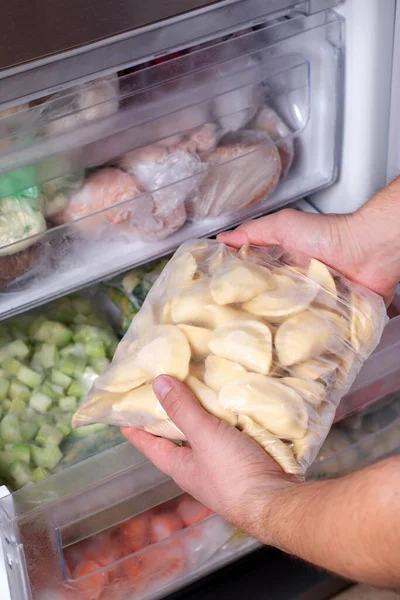 Frozen Dumplings Refrigerator Frozen Dumplings Dish Dough Flour Many Dumplings — Stock Photo, Image