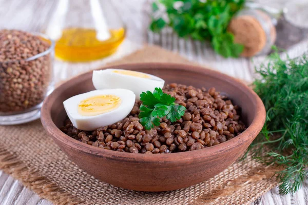 Boiled Lentils Egg Ceramic Bowls Wooden Background Simple Healthy Homemade — Stock Photo, Image