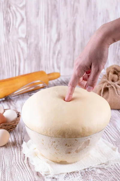 Woman Chef Raw Dough Young Female Uniform Preparing Bread Dough — Stock Photo, Image