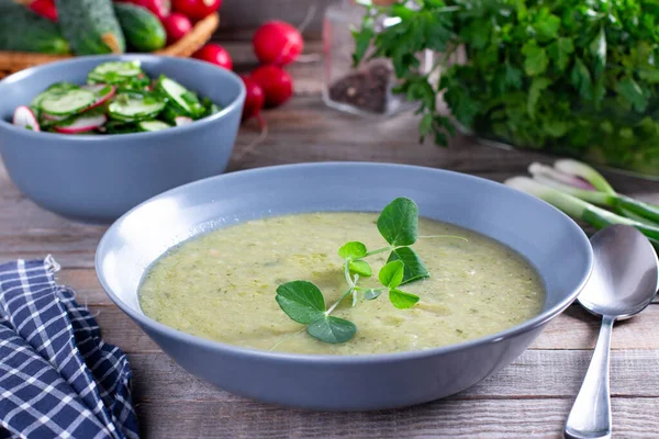Sup Sayuran Sehat Sup Krim Kacang Polong Hijau Dengan Minyak — Stok Foto