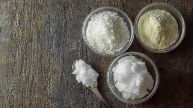 Doğal ve organik hindistan cevizi yağı, hindistan cevizi unu, cam kaselerdeki malzemeleri parçalar.