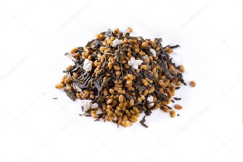 A group of Genmaicha, brown rice tea, on white background