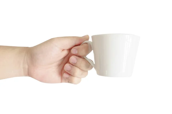 Mão na xícara de café no fundo branco — Fotografia de Stock