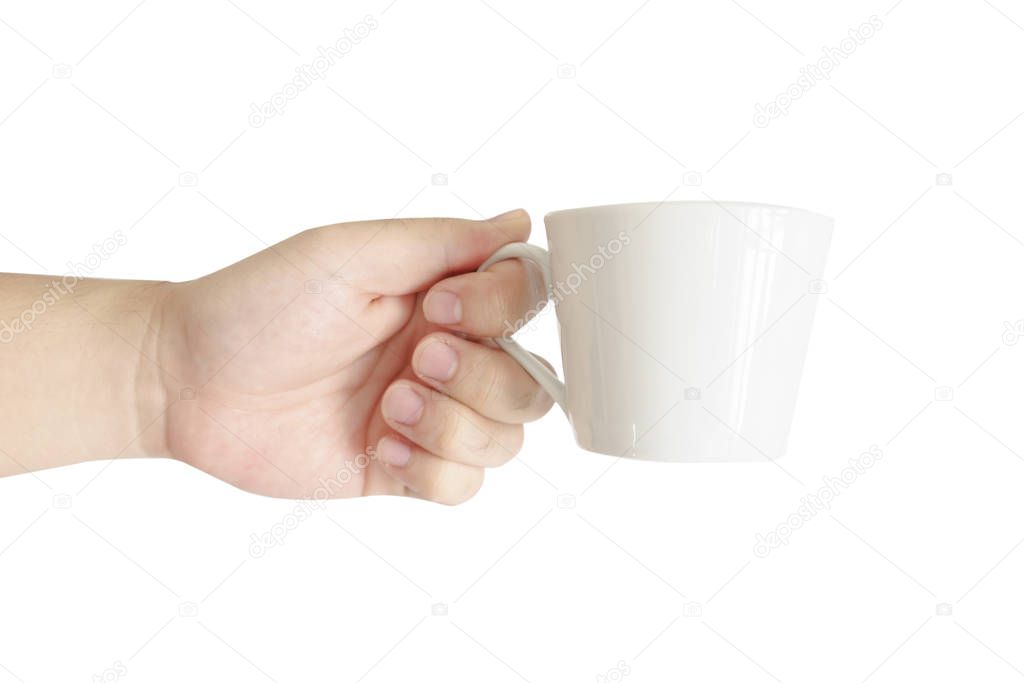 Hand on Coffee cup on white background