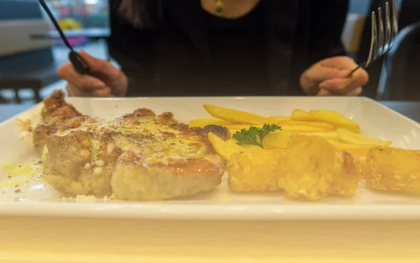 Pork steak dubble Cheese and French fries Served on a white plat — Stock Photo, Image