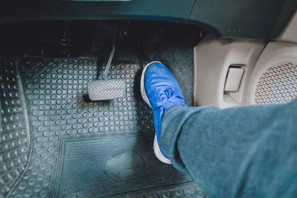 The gas pedal brake pedal on the blue shoes.