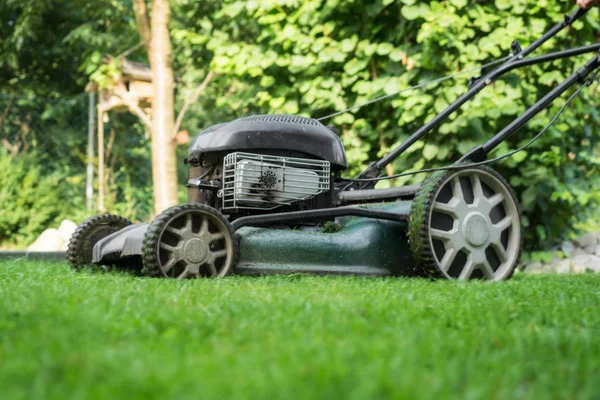 잔디밭은 mown 잔디 깍는 기계와 — 스톡 사진