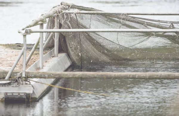 En båtbrygga med enhet och nät för fiske — Stockfoto