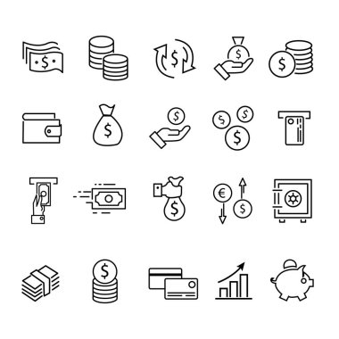 Para ve ödeme çizgisi simgeleri. Vektör çizimi. doğrusal simge seti.