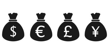 Para çantası ikonları. Dolar, avro, sterlin ve Japon Yen veya Çin Yuan simgeleri seti. İzole vektör illüstrasyonu.