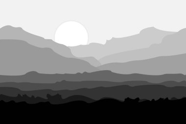 Gri renkli dağ manzarası ve yükselen güneş. Vektör illüstrasyonu.