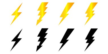 Elektrik, şimşek simgesi logosu ve semboller. Beyaz arka planda izole edilmiş. Vektör çizimi. Ağ için tasarlandı.