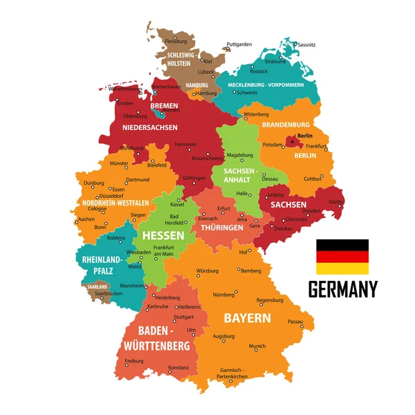 Allemagne Carte Drapeau Allemagne Noms Des Villes Contours Des Terres — Image vectorielle