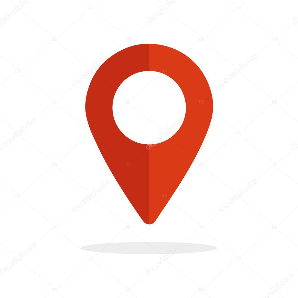 Shaded Map pointer icon. GPS location symbol. Map pin is red. Isolated vector illustration.