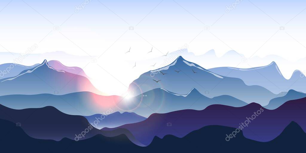 Vector landscape with silhouettes of mountains. sunrise or sunset. birds, sun and lens flare.