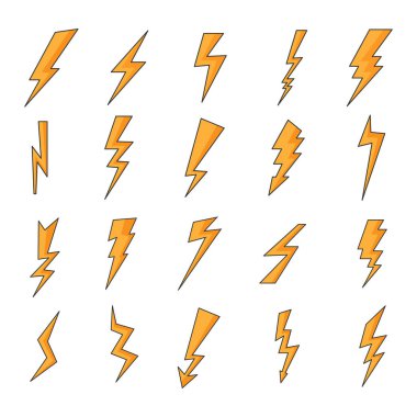 Şimşek sembolleri, simgeler ayarlandı. Çizgi film tarzı. İzole vektör illüstrasyonu.