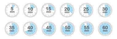Zamanlayıcı seti. 5, 10, 15, 20, 25, 30, 35, 40, 45, 50, 55 ve 60 dakika. Geri sayım zaman simgeleri ayarlandı. İzole vektör illüstrasyonu.