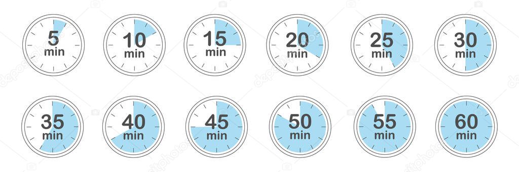 Set of timers. 5, 10, 15, 20, 25, 30, 35, 40, 45, 50, 55, and 60 minutes. Countdown timer icons set. Isolated vector illustration.