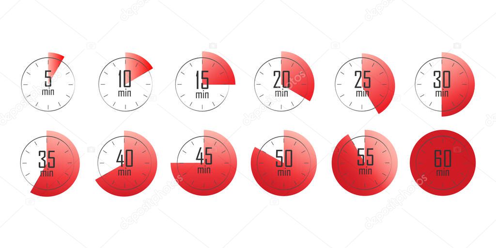 Set of timers. 5, 10, 15, 20, 25, 30, 35, 40, 45, 50, 55, and 60 minutes. Countdown timer icons set. Isolated vector illustration.