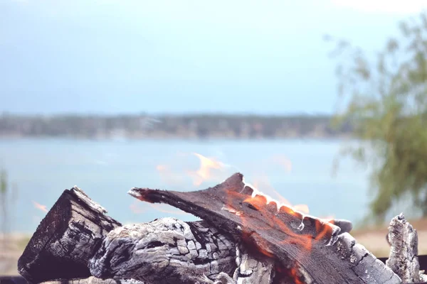 Beach campfire on lake with sand shore. burning wood on white sand in daytime