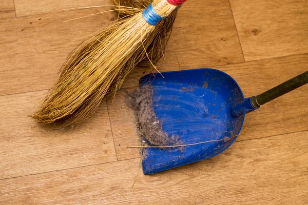 近距离的簸箕和清扫扫帚在木地板上 — 图库照片