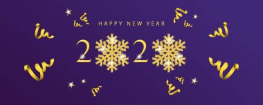 Altın kar taneleriyle 2020 yılınız kutlu olsun. Yeni yılı altın kurdeleler ve yıldızlarla kutluyoruz. Vektör illüstrasyonu.