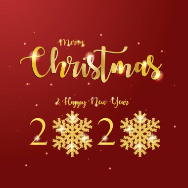Mutlu Noeller ve altın renkli parlak kar taneleriyle 2020 yılınız kutlu olsun. Vektör illüstrasyonu.
