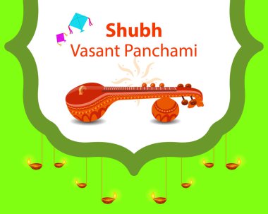 Geleneksel Hindu Din Festivali Vasant Panchami Dekoratif desenler ve Veena müzik enstrümanıyla selamlıyor. Bilgelik ve Tanrıça Saraswati 'nin festivali..