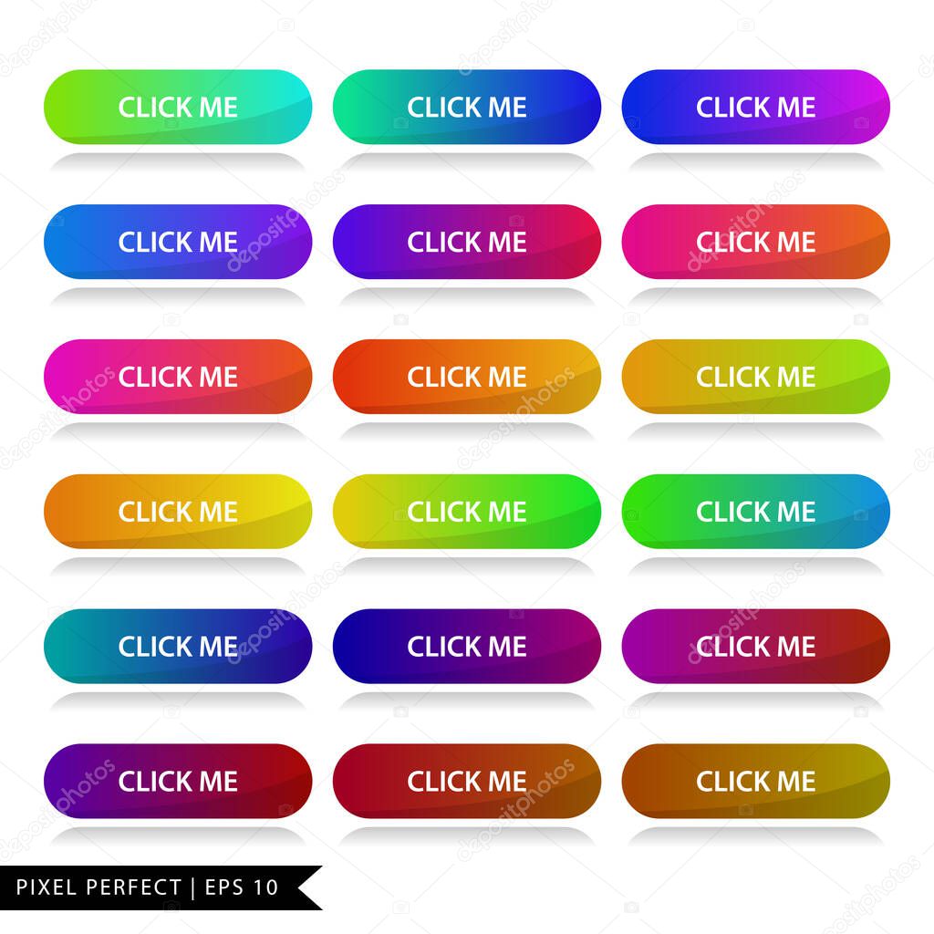 Collection of colorful gradients web buttons for websites. Click buttons vector element set.