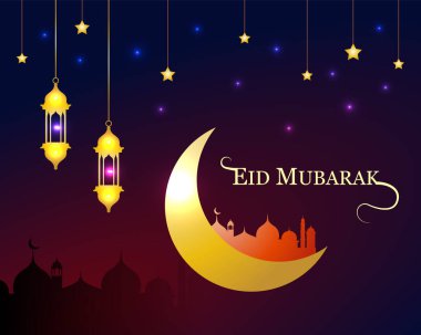Mübarek bayramın kutlu olsun. Ay ve yıldızlı tebrik kartı. Broşür, el ilanı, poster, web sitesi afişleri ve sosyal medya paylaşımları için fener ve camiye sahip altın gibi parlak bir altyapı..