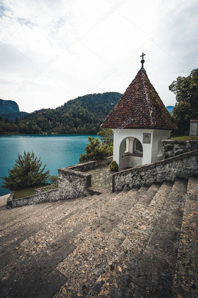 part of the chapel at Bled Island - Blejsko jezero - in the Julian Alps of Slovenia