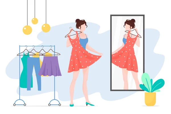 Woman choosing clothes mirror flat vector illustration — Stock Vector